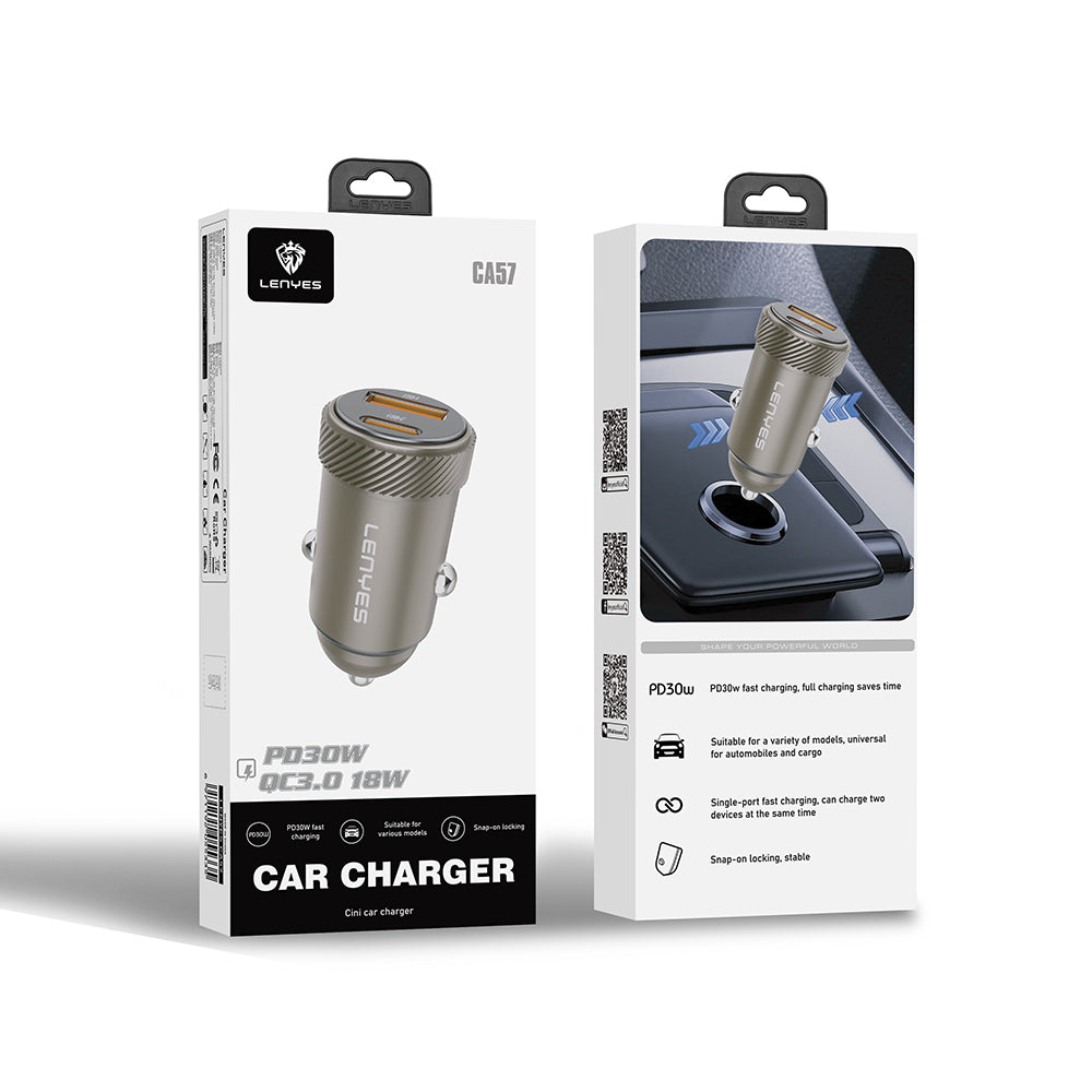 Lenyes CA57 Hızlı Şarj Özellikli Dual Type-C + USB-A Portlu Mini Araç Şarj Aleti 30W