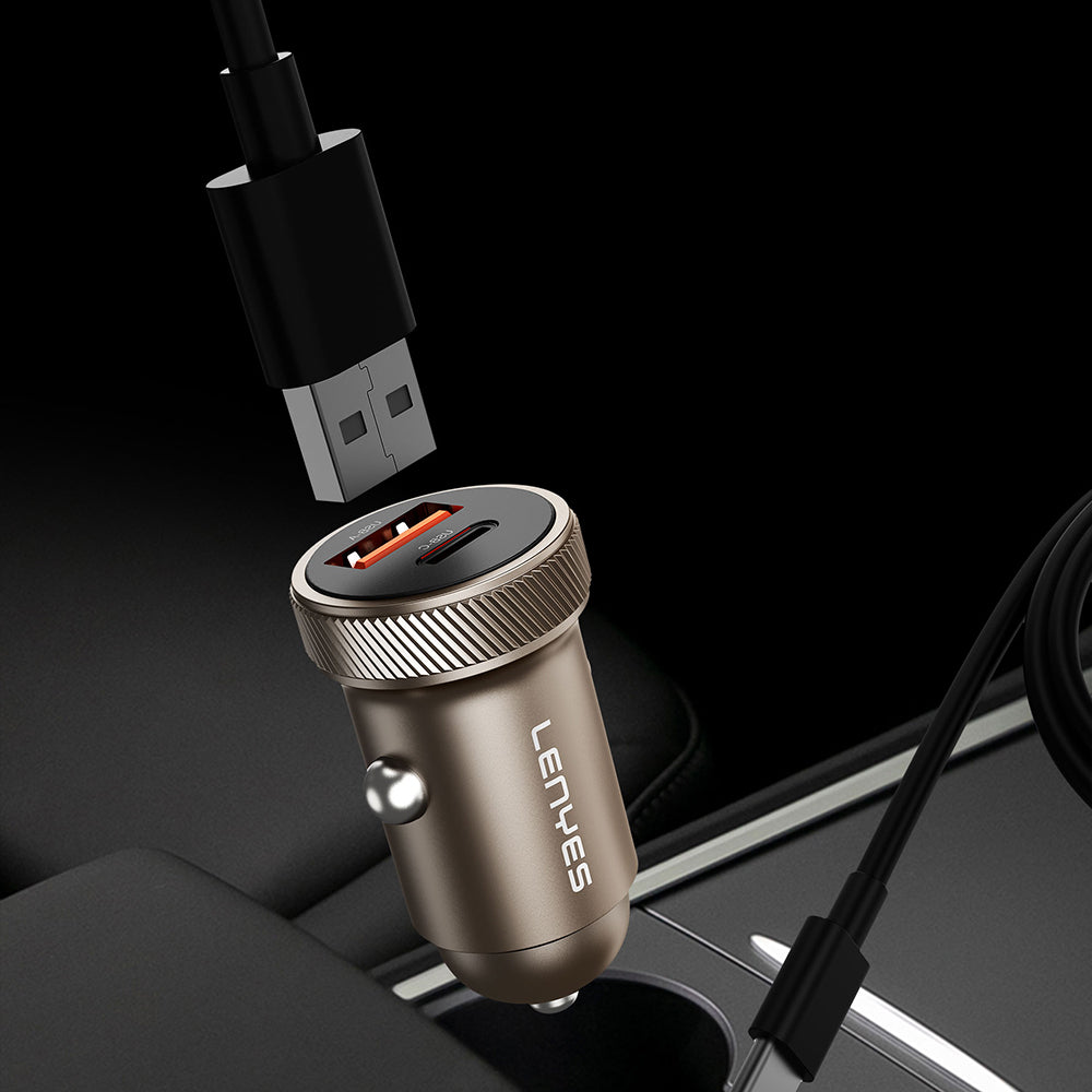 Lenyes CA57 Hızlı Şarj Özellikli Dual Type-C + USB-A Portlu Mini Araç Şarj Aleti 30W