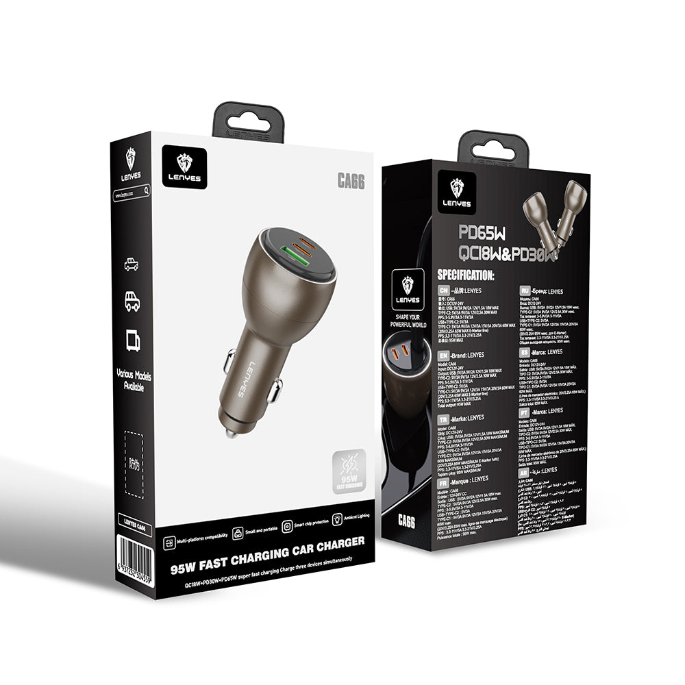 Lenyes CA66 Hızlı Şarj Özellikli Dual Type-C + Type-C + USB-A Portlu PD Araç Şarj Aleti 95W