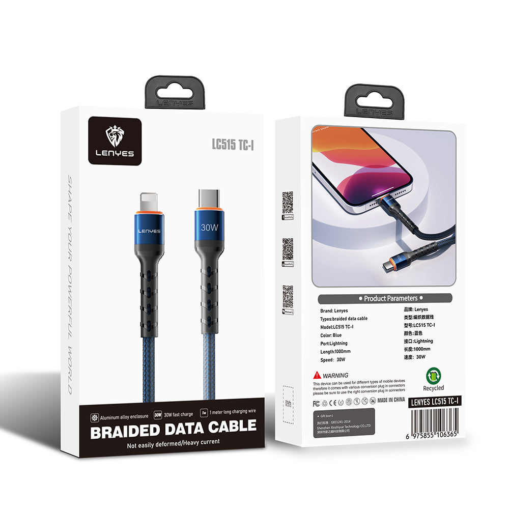 Lenyes LC515 Type-C to Lightning Hızlı Şarj Özellikli Örgülü Data ve Şarj Kablosu 30W 1M