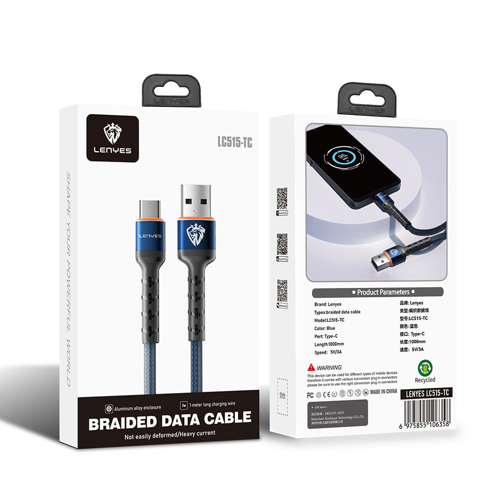 Lenyes LC515 USB-A to Type-C Hızlı Şarj Özellikli Örgülü Data ve Şarj Kablosu 3A 1M