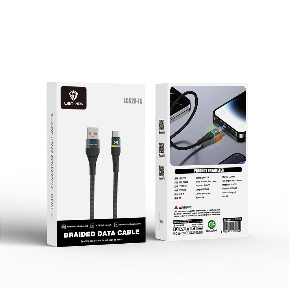 Lenyes LC520 USB-A to Type-C 6A Örgü Tasarımlı Hızlı Şarj Özellikli Data ve Şarj Kablosu 66W 1M