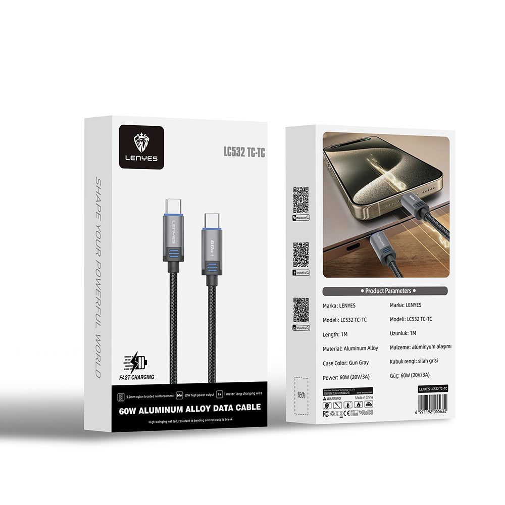 Lenyes LC532 Type-C to Type-C Hızlı Şarj Özellikli Data ve Şarj Kablosu 60W 1M