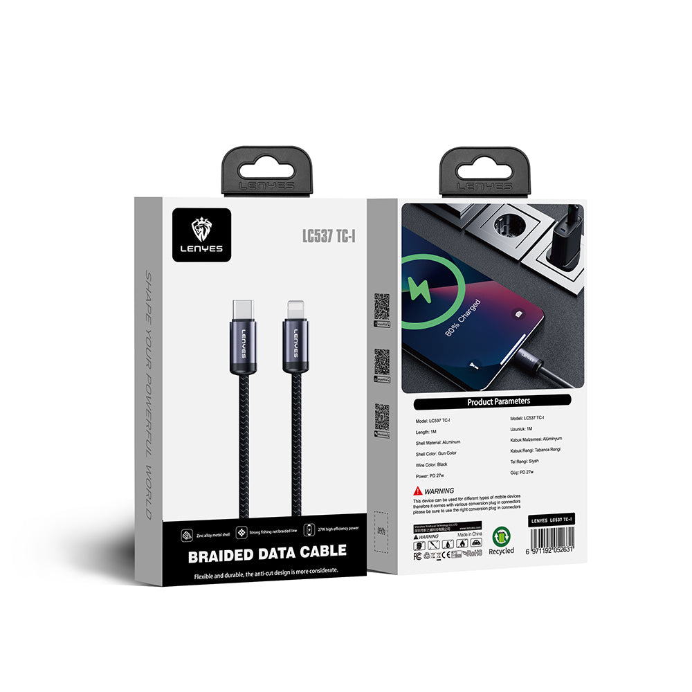 Lenyes LC537 Type-C to Lightning Hızlı Şarj Özellikli Örgülü Data ve Şarj Kablosu 27W 1M