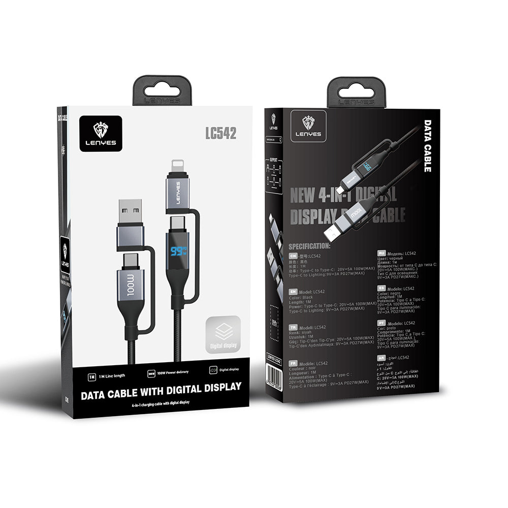 Lenyes LC542 Dijital Göstergeli 4in1 USB-A - Type-C + Type-C to Lightning 100W 1M