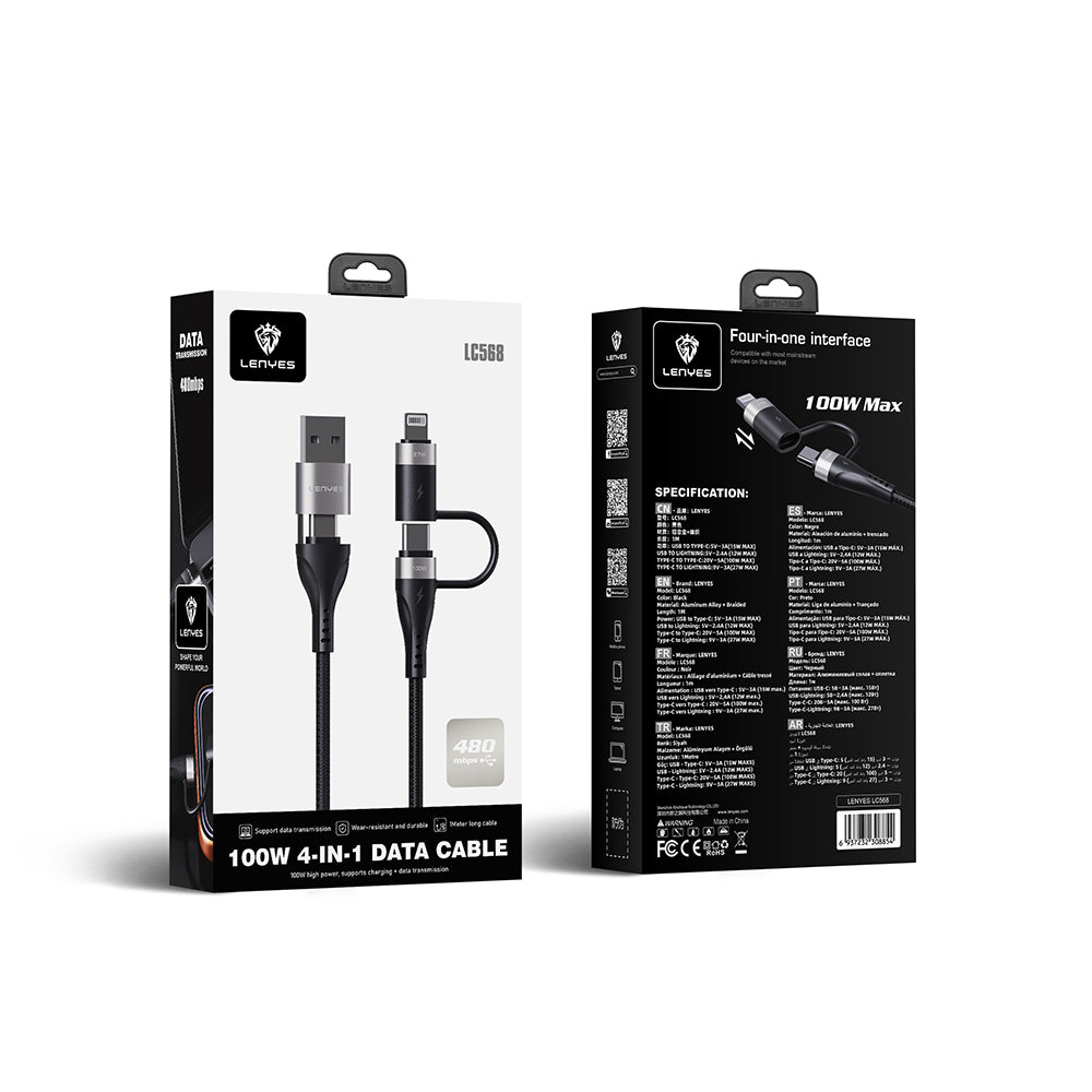 Lenyes LC568 4in1 USB-A - Type-C + Type-C to Lightning Data ve Şarj Kablosu 100W 1M