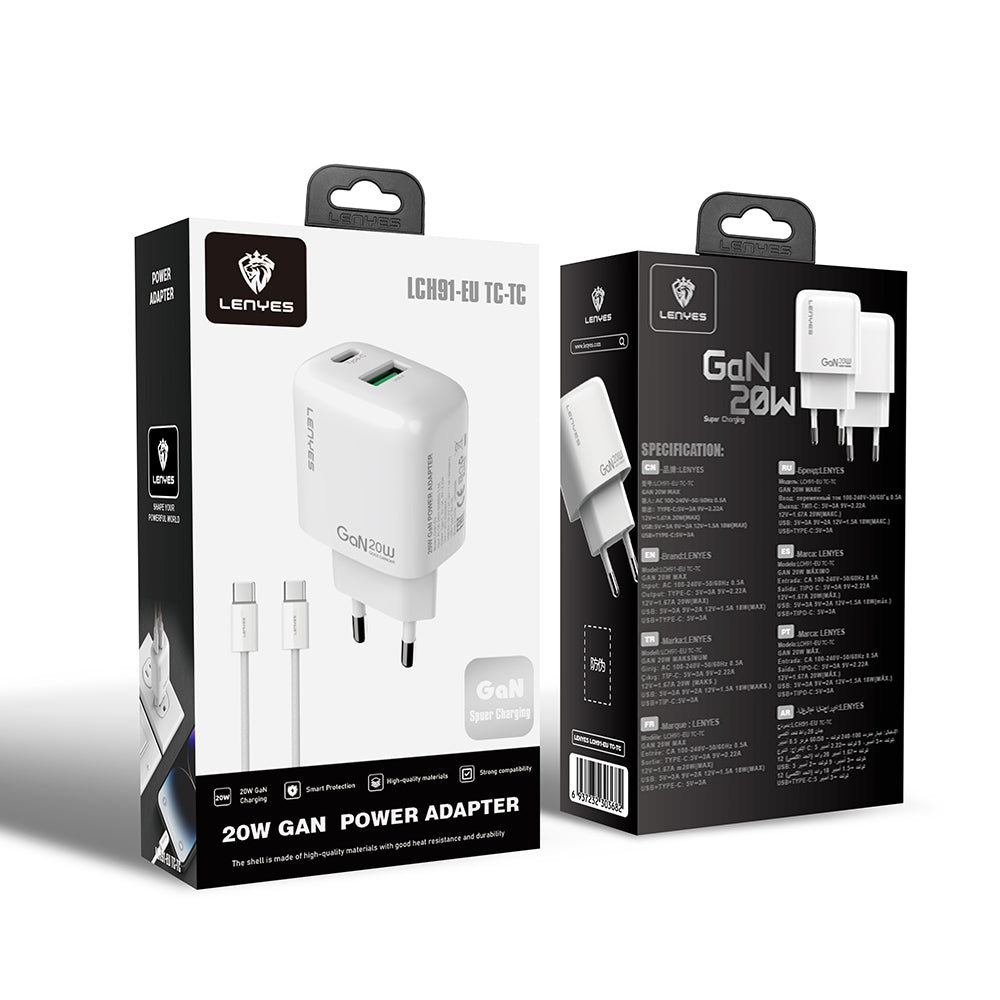 Lenyes LCH91-TC-TC Type-C to Type-C GaN Teknolojili PD ve USB Hızlı Şarj Özellikli Şarj Seti 20W