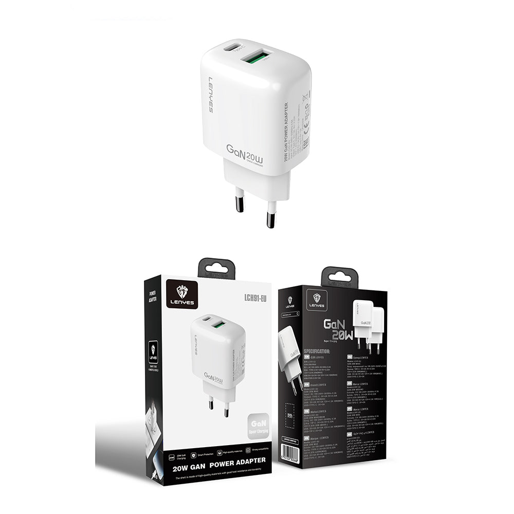 Lenyes LCH91 Type-C ve USB GaN Teknolojili PD Hızlı Şarj Özellikli Şarj Başlığı 20W