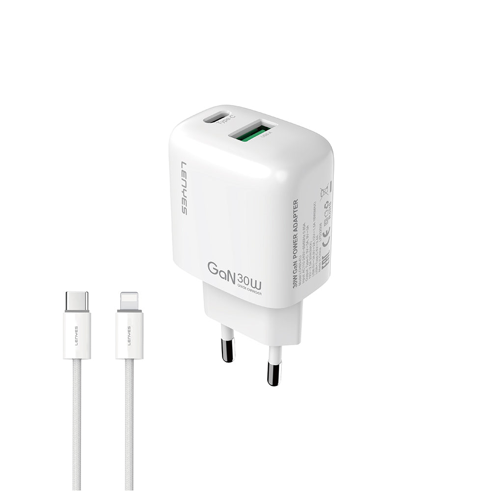 Lenyes LCH93-TC-L Type-C to Lightning GaN Teknolojili PD ve USB Hızlı Şarj Özellikli Şarj Seti 30W