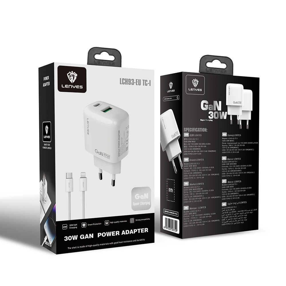 Lenyes LCH93-TC-L Type-C to Lightning GaN Teknolojili PD ve USB Hızlı Şarj Özellikli Şarj Seti 30W