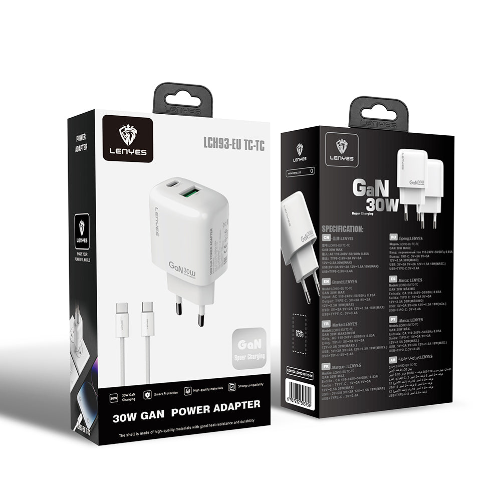 Lenyes LCH93-TC-TC Type-C to Type-C GaN Teknolojili PD ve USB Hızlı Şarj Özellikli Şarj Seti 30W