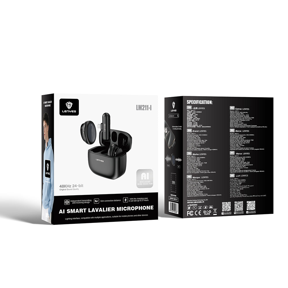 Lenyes LM211-L Yapay Zeka Destekli Lightning Portlu Kablosuz Yaka Mikrofonu