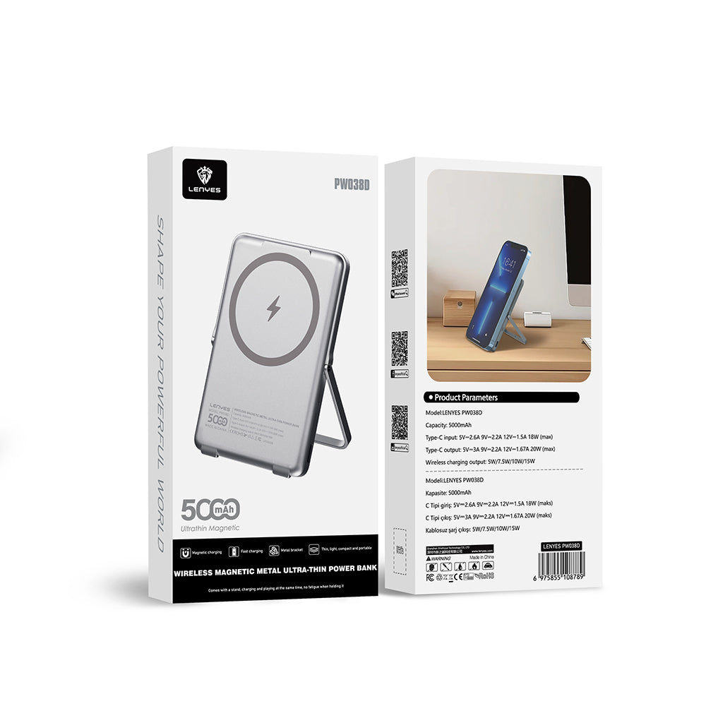 Lenyes PW038D 20W Ultra İnce Standlı Wireless Powerbank 15W 5000mAh