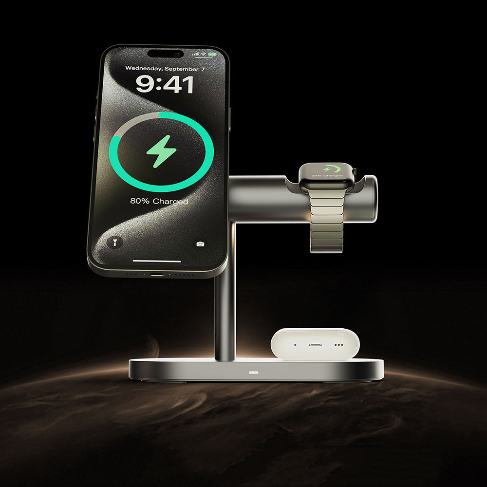 Lenyes PW319 Qi2 Şarj Teknolojili Ambiyans Işıklı Telefon&Akıllı Saat&Kulaklık 15W 3in1 Kablosuz Şarj Standı