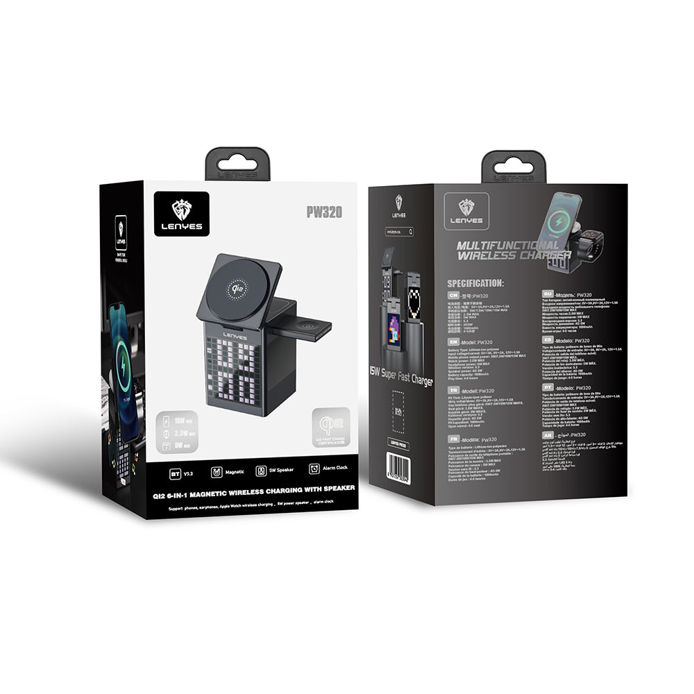 Lenyes PW320 Qi2 Şarj Teknolojili Alarmlı Bluetooth Speaker Özellikli Telefon&Akıllı Saat&Kulaklık 15W 6in1 Kablosuz Şarj Standı