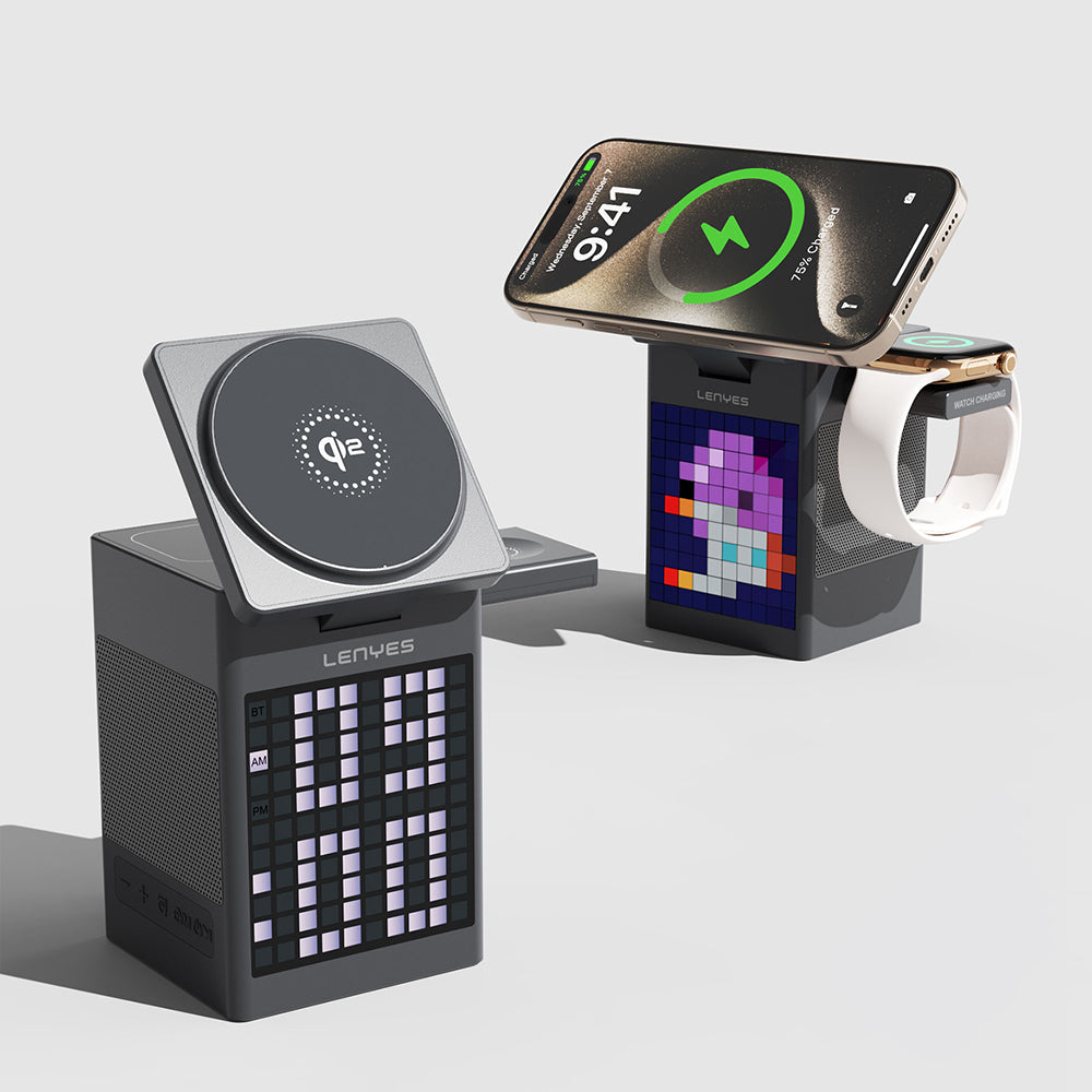 Lenyes PW320 Qi2 Şarj Teknolojili Alarmlı Bluetooth Speaker Özellikli Telefon&Akıllı Saat&Kulaklık 15W 6in1 Kablosuz Şarj Standı