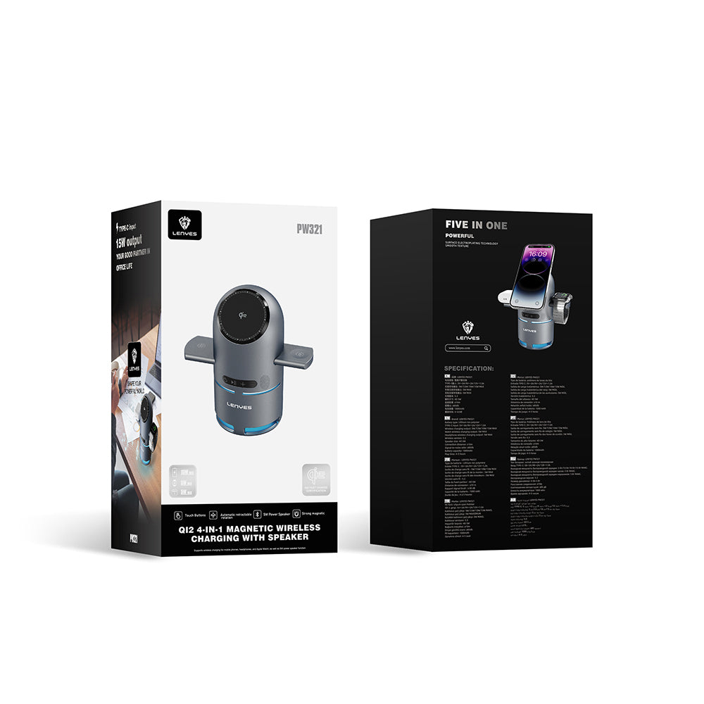 Lenyes PW321 Qi2 Şarj Teknolojili Bluetooth Speaker Hoparlör Özellikli Telefon&Akıllı Saat&Kulaklık 15W 4in1 Kablosuz Şarj Standı