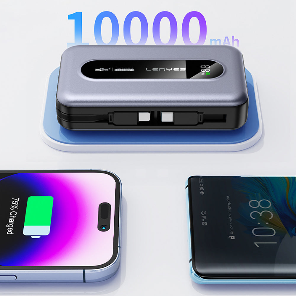 Lenyes PX1002D Dijital LED Göstergeli Teleskopik Type-C ve Lightning Kablolu Powerbank 35W 10.000mAh