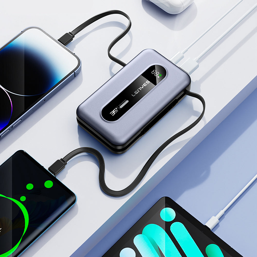 Lenyes PX1002D Dijital LED Göstergeli Teleskopik Type-C ve Lightning Kablolu Powerbank 35W 10.000mAh