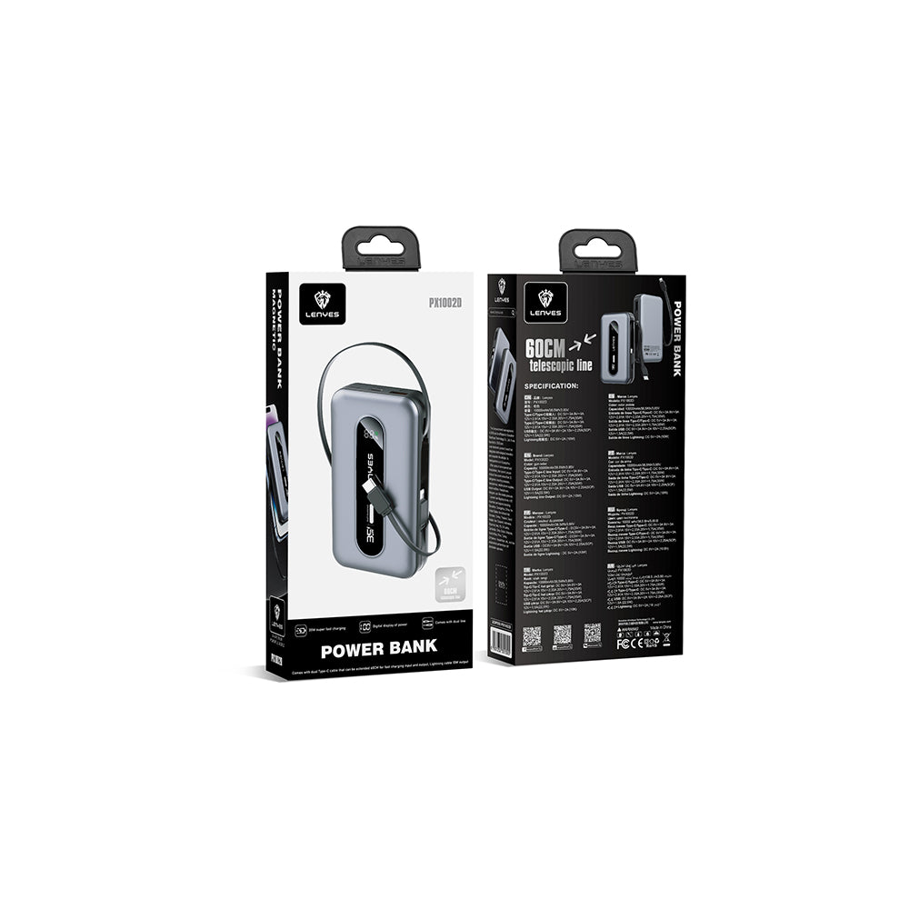 Lenyes PX1002D Dijital LED Göstergeli Teleskopik Type-C ve Lightning Kablolu Powerbank 35W 10.000mAh