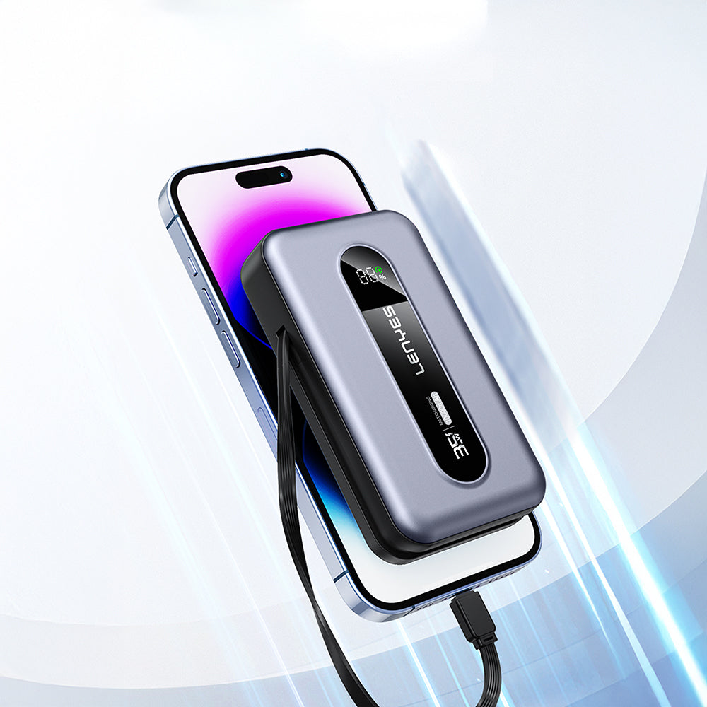 Lenyes PX1002D Dijital LED Göstergeli Teleskopik Type-C ve Lightning Kablolu Powerbank 35W 10.000mAh