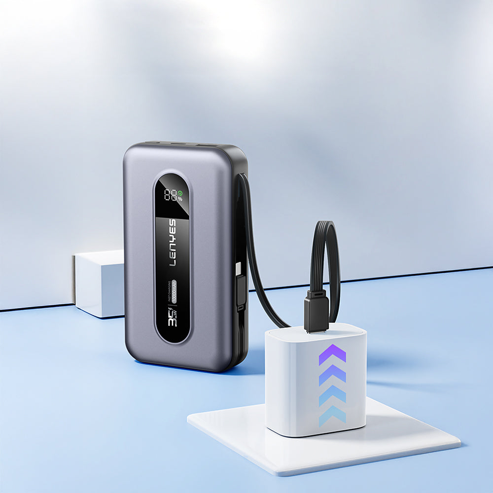 Lenyes PX1002D Dijital LED Göstergeli Teleskopik Type-C ve Lightning Kablolu Powerbank 35W 10.000mAh