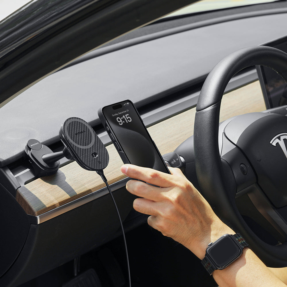 Pitaka MagEZ Pro 2 M-safe Şarj Özellikli Qi2 Tesla Model Y ve Model 3 Uyumlu Aramid Fiber Araç Telefon Tutucu