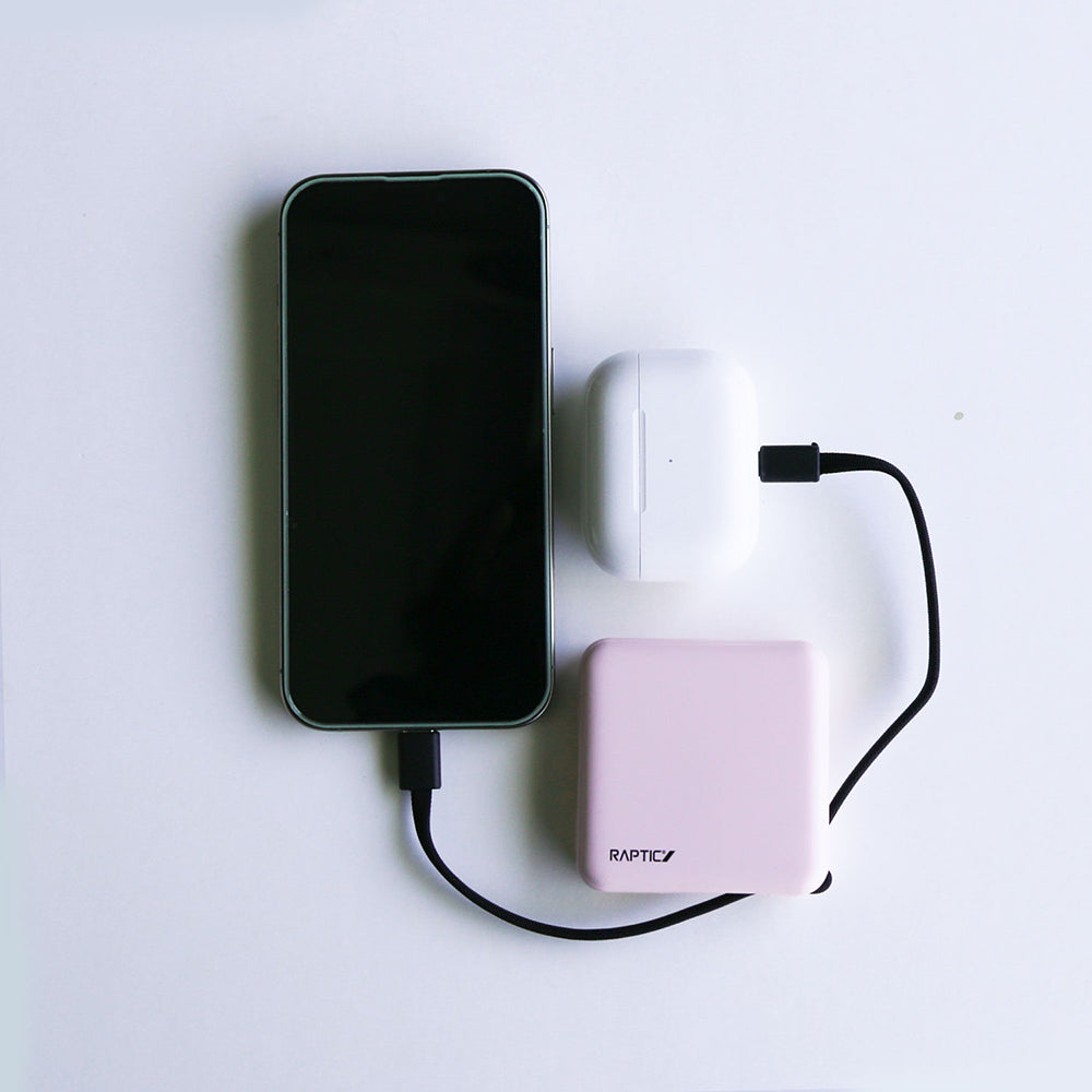 Raptic Lightning ve Type-C Kablolu Dijital LED Göstergeli Askılı Powerbank 5000mAh Kompakt ve Taşınabilir Tasarım