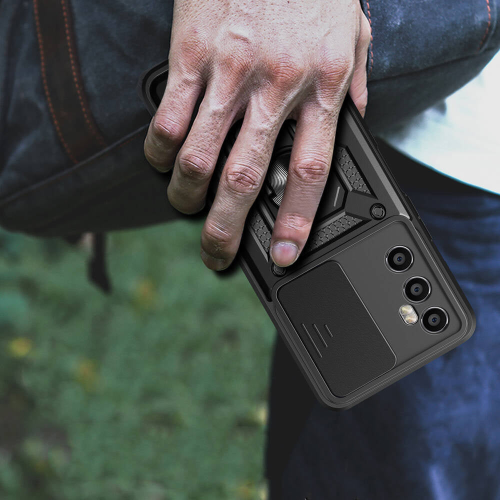 Realme C65 4G Kılıf Magnetik Standlı Kamera Korumalı Zore Sürgülü Vega Kılıf