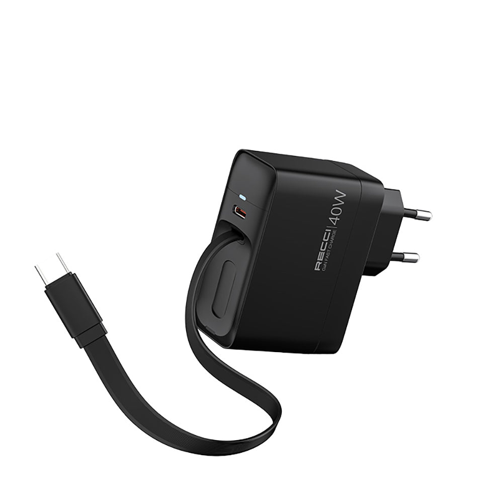 Recci RC102E GaN Teknolojili Hızlı Şarj Başlığı USB-A to Type-C PD 40W Type-C Kablolu Şarj Seti