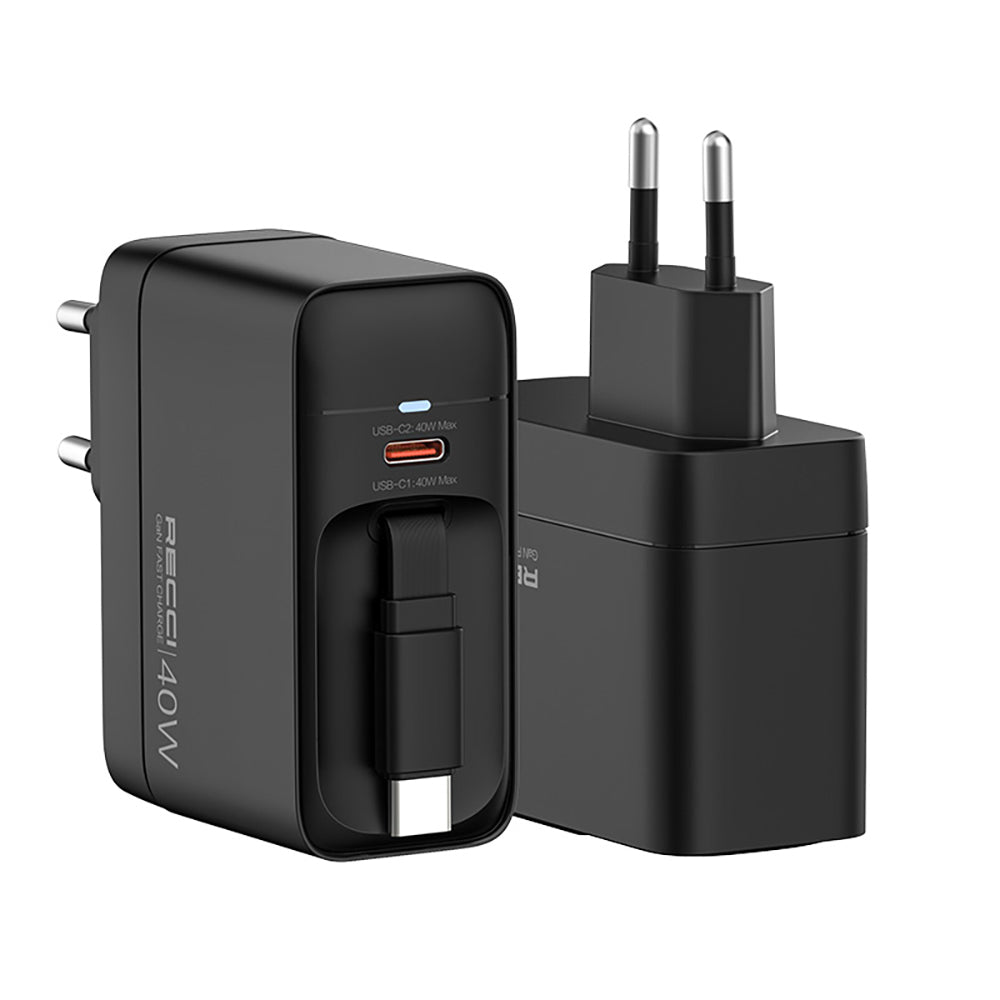Recci RC102E GaN Teknolojili Hızlı Şarj Başlığı USB-A to Type-C PD 40W Type-C Kablolu Şarj Seti