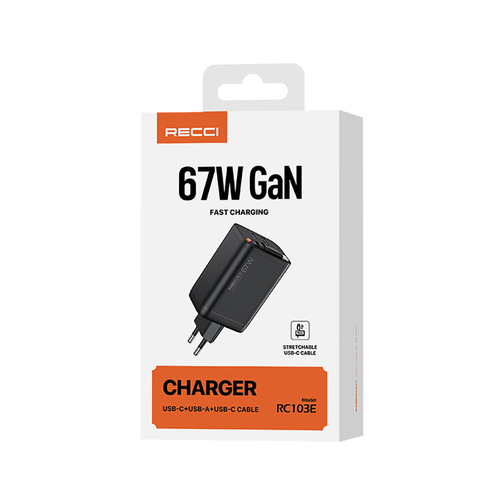Recci RC103E GaN Teknolojili Hızlı Şarj Başlığı USB-A to Type-C PD 67W Type-C Kablolu Şarj Seti