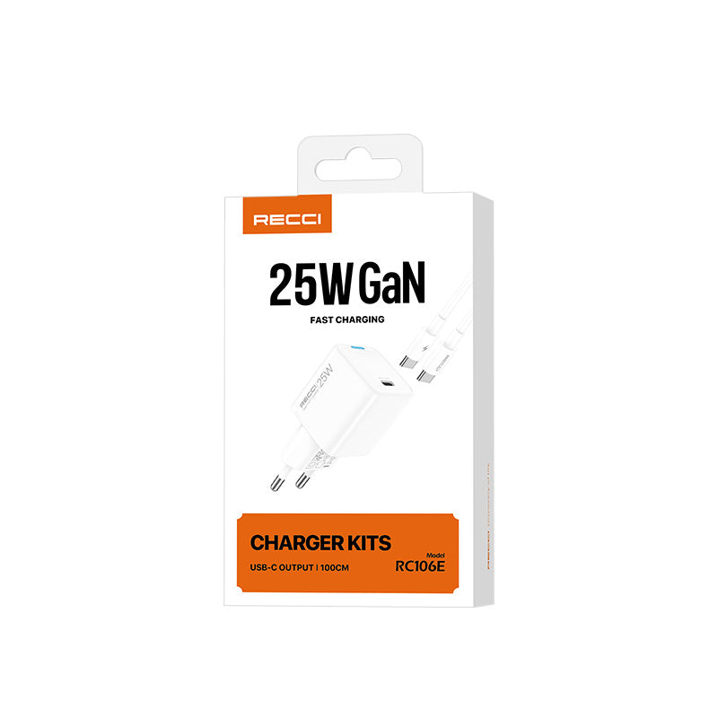 Recci RC106E GaN Teknolojili Hızlı Şarj Başlığı Type-C to Type-C PD 25W Kablolu Şarj Seti