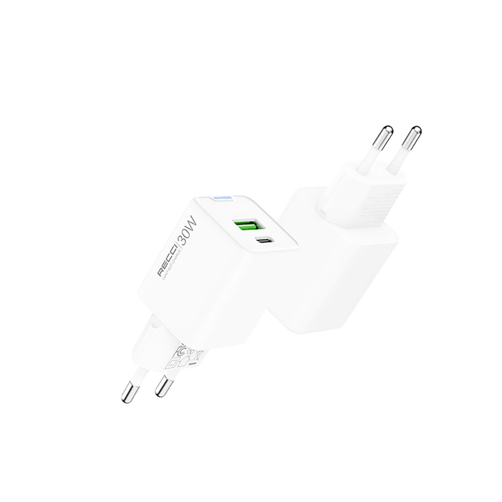 Recci RC107E Type-C PD & USB-A GaN Teknolojili Hızlı Şarj Başlığı 30W