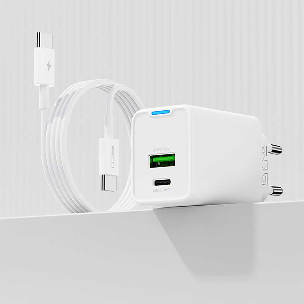 Recci RC108E GaN Teknolojili Hızlı Şarj Başlığı Type-C to Type-C PD 45W Kablolu Şarj Seti