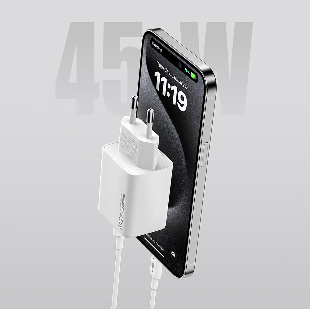 Recci RC108E GaN Teknolojili Hızlı Şarj Başlığı Type-C to Type-C PD 45W Kablolu Şarj Seti