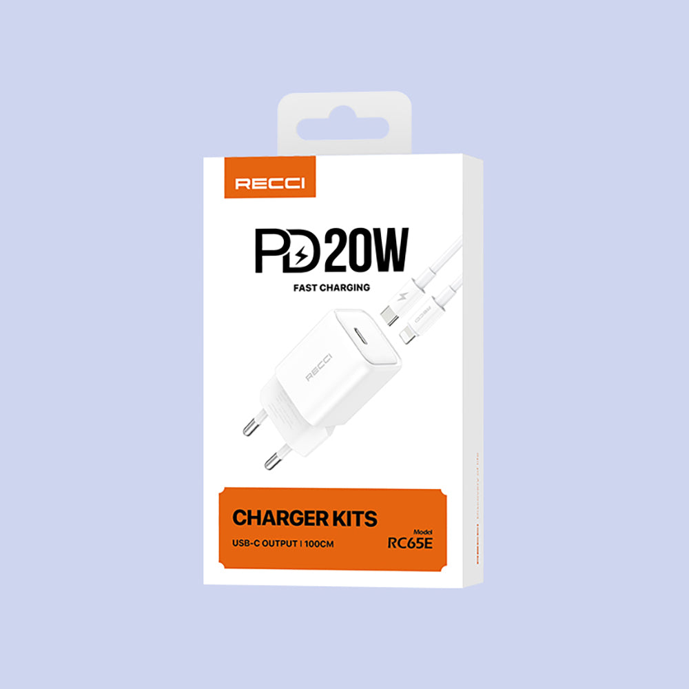 Recci RC65E Hızlı Şarj Başlığı Type-C to Lightning PD 20W Kablolu Şarj Seti