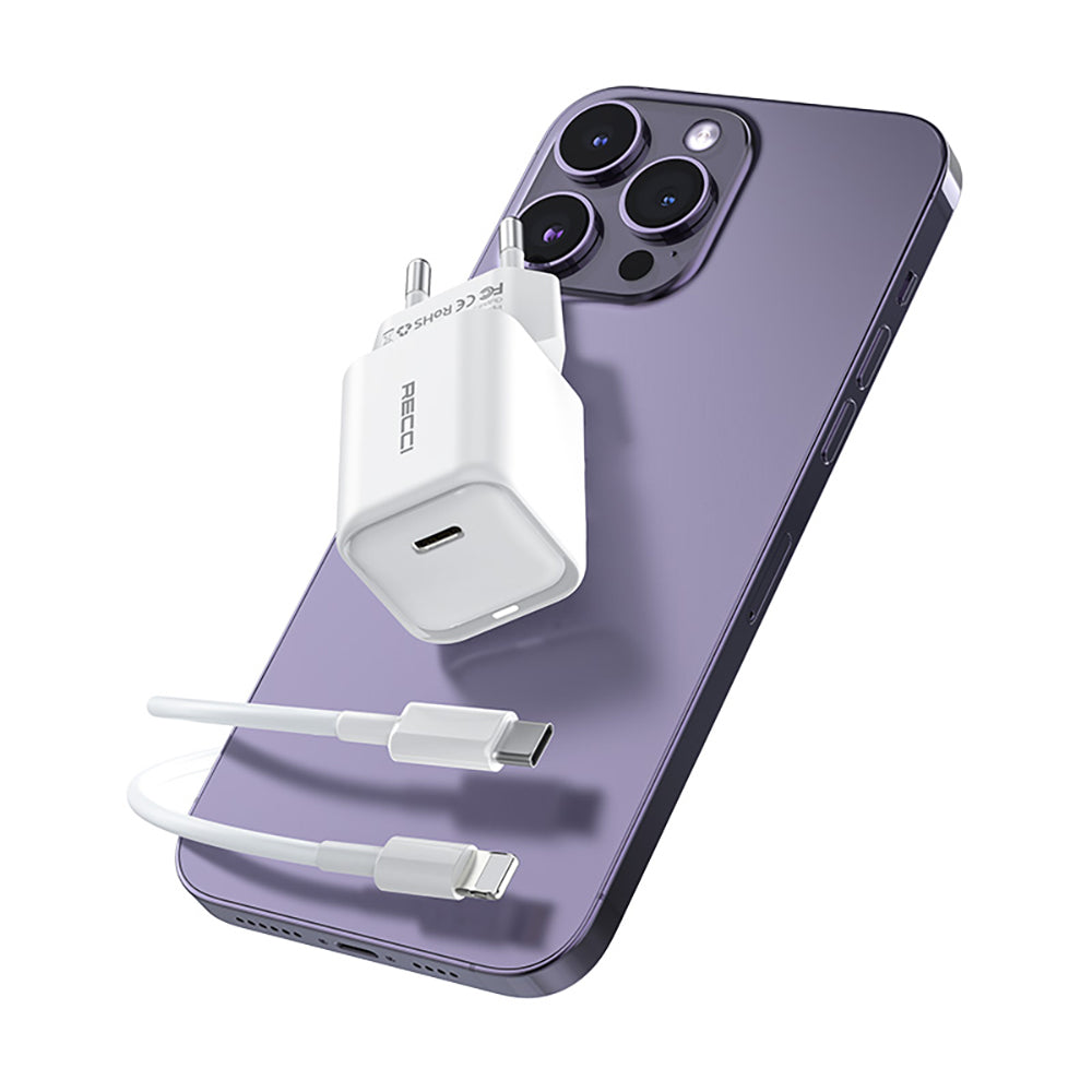 Recci RC65E Hızlı Şarj Başlığı Type-C to Lightning PD 20W Kablolu Şarj Seti