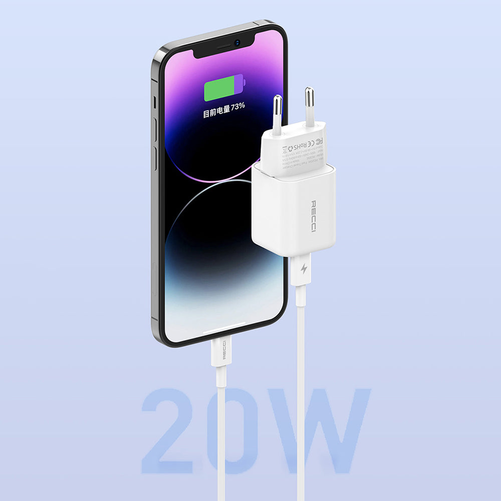 Recci RC65E Hızlı Şarj Başlığı Type-C to Lightning PD 20W Kablolu Şarj Seti