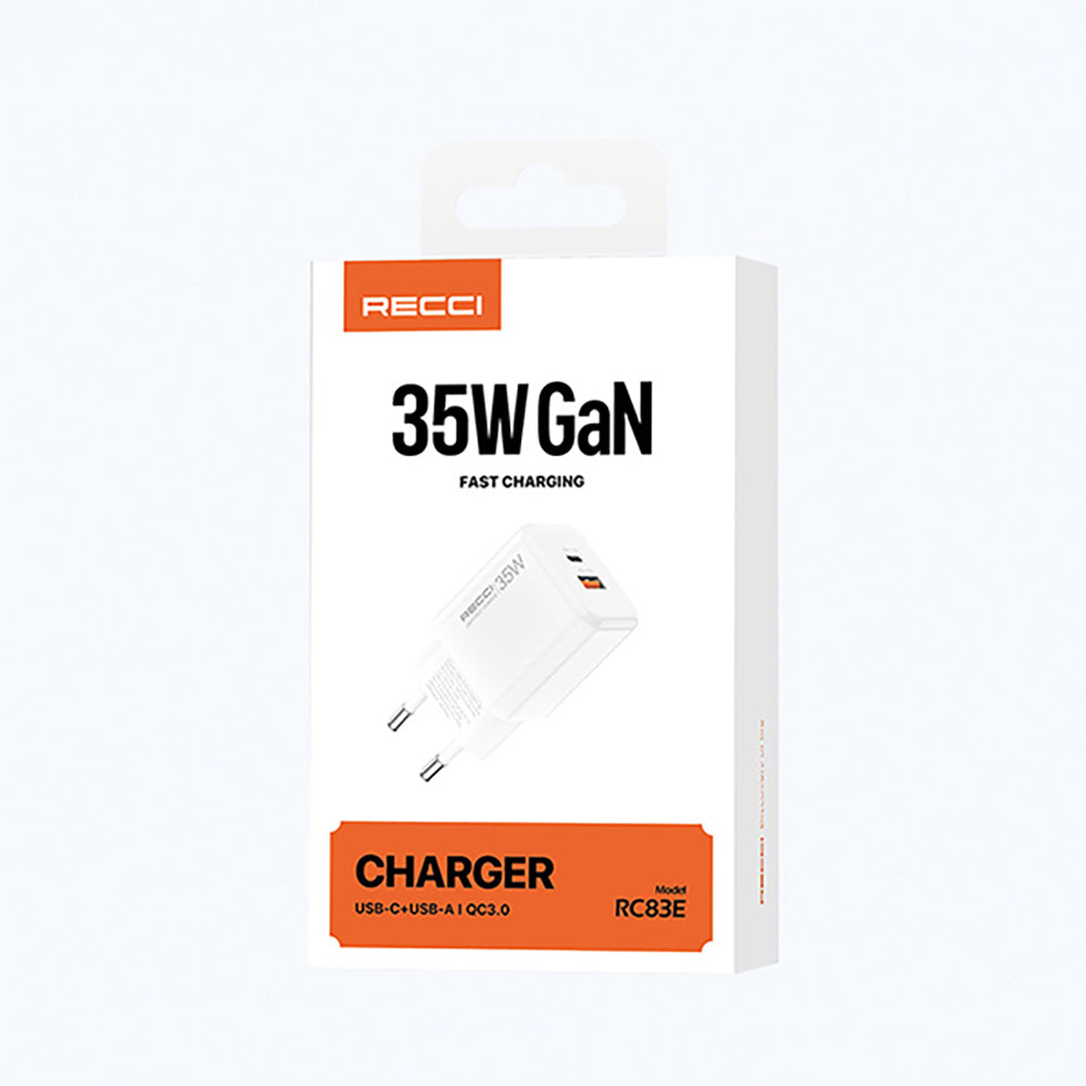 Recci RC83E Type-C PD & USB-A GaN Teknolojili QC3.0 Hızlı Şarj Başlığı 35W