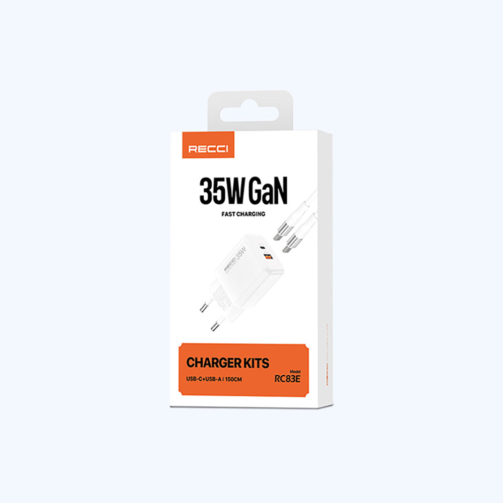 Recci RC83ECC GaN Teknolojili Hızlı Şarj Başlığı USB-A to Type-C PD 35W Kablolu Şarj Seti
