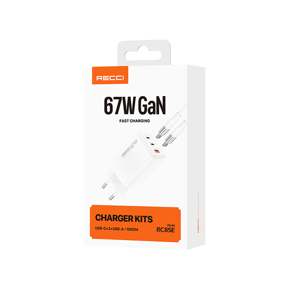 Recci RC85E GaN Teknolojili Hızlı Şarj Başlığı USB-A to Type-C PD 67W Kablolu Şarj Seti