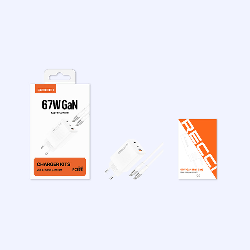 Recci RC85E GaN Teknolojili Hızlı Şarj Başlığı USB-A to Type-C PD 67W Kablolu Şarj Seti