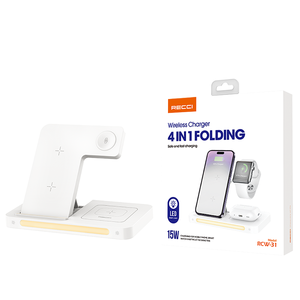 Recci RCW-31 4in1 M-safe 15W Hızlı Şarj Özellikli LED Işıklı Magnetik Kablosuz Şarj Standı