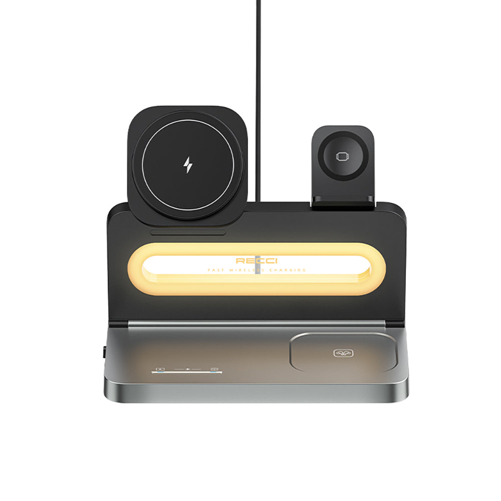 Recci RCW-49 Ambiyans Işıklı Telefon&Akıllı Saat&Kulaklık 15W 4in1 Kablosuz Şarj Standı