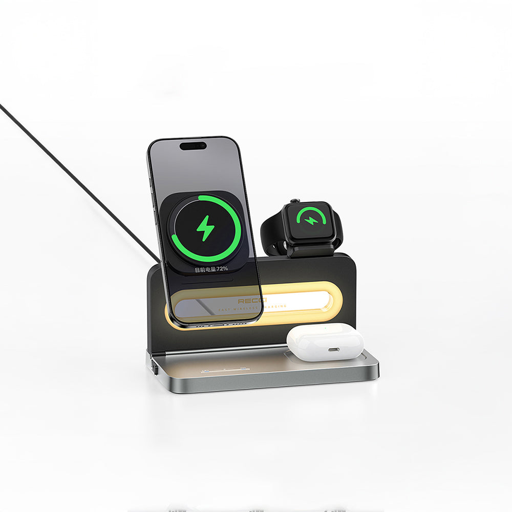Recci RCW-49 Ambiyans Işıklı Telefon&Akıllı Saat&Kulaklık 15W 4in1 Kablosuz Şarj Standı