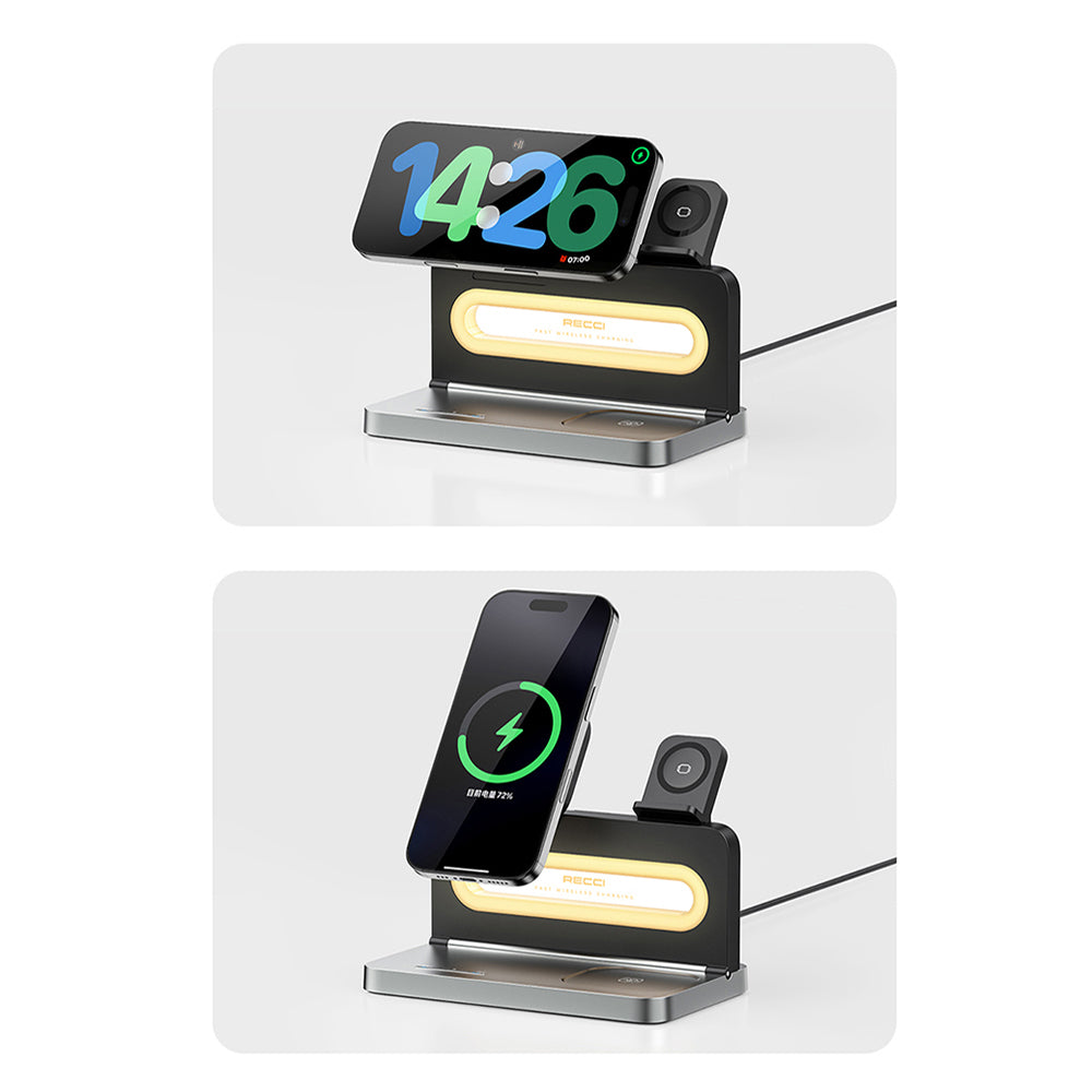 Recci RCW-49 Ambiyans Işıklı Telefon&Akıllı Saat&Kulaklık 15W 4in1 Kablosuz Şarj Standı
