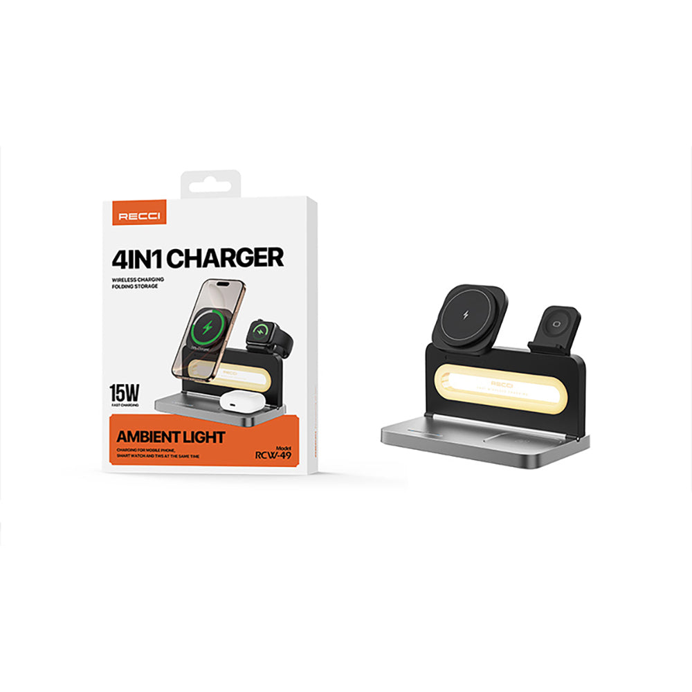 Recci RCW-49 Ambiyans Işıklı Telefon&Akıllı Saat&Kulaklık 15W 4in1 Kablosuz Şarj Standı