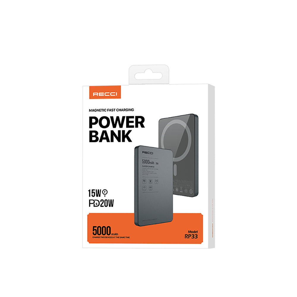 Recci RP33 PD 20W Ultra İnce Led Göstergeli Hızlı Şarj Özellikli Wireless Powerbank 15W 5000mAh