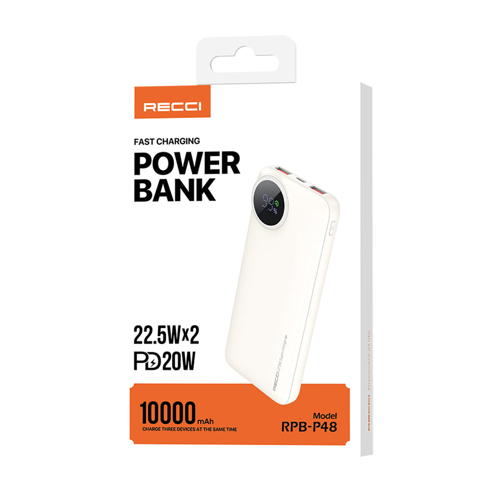 Recci RPB-P48 PD 20W Dijital LED Göstergeli Hızlı Şarj Özellikli Taşınabilir Powerbank 22.5W 10000mAh